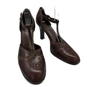 Franco Sarto Womens Vtg Y2K Brown Leather Heels 9M Ankle T-Strap Retro Art Deco
